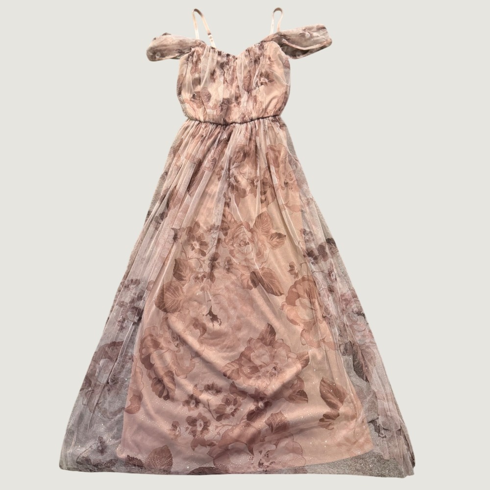 Floral Maxi Dress PS Glitter Mesh Off Shoulder Pink Formal Fairycore